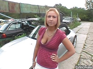 Redhead amateur chick gets fucked near the car in the street