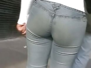 Taut grey pants on the street candid ass video
