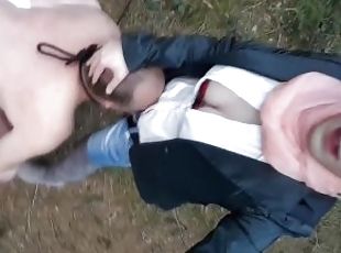 Slave man captured and used by femdom tranny deep in the woods