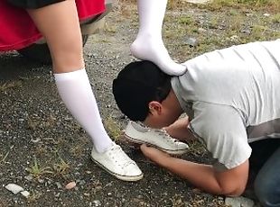 Femdome slave lick shoes school girl kiss and sniff feet