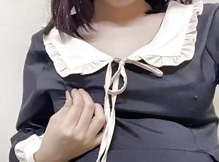 Japanese girl in cute outfit masturbates