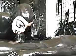 Mistress in black latex gets worshiped and fucked by slave