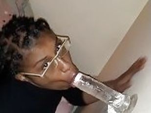 Ebony whore sloppy blowjob mounted dildo