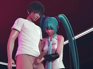 Miku jerks off cock to guest in public