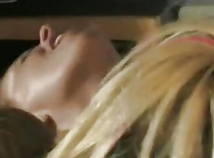 Horny stud gets his hard cock sucked by two hot blondes then fucks them