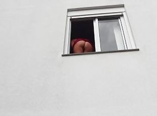 Crazy Girl Fucked With a Dildo Sticking Her Big Ass Out The Window And Pissed On A Stranger!