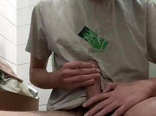 Horny boy jerking off and cumming all over the floor