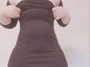 Horny girl rubbing her pussy in a sexy black dress, delicious small tits and tight pussy