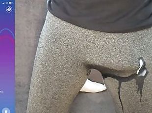 Huge hands free cumshot in through pants