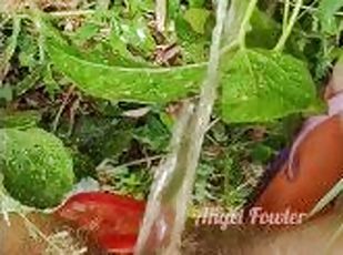 Village woman in a red tunic is pissing in the middle of a green field