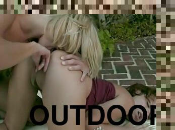 Blonde And Redhead Lesbo Fucking Outdoors With A Strap On