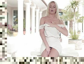 Gorgeous blonde Kiara Lord peels off her thong and fingers