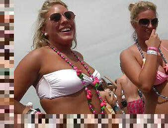 Drunk party girls flash their tits while drinking at the beach