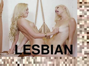 Two hot blonde lesbians Lyra Law and Jeni Juice use a stapon