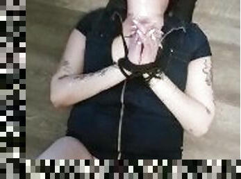 Slave gets tied up and  pissed all over by owner and cums hard