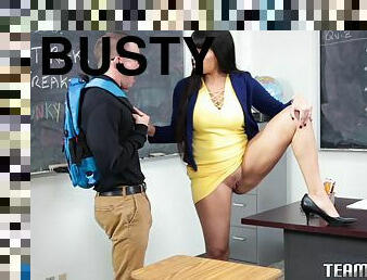 Busty Mercedes Carrera rides the nerdy guy's cock in the classroom