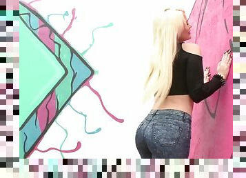 Curvy blonde with long hair in jeans coping up with huge python hardcore