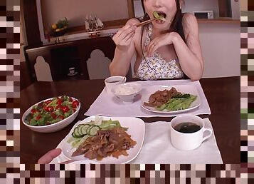 Anri Okita eats some food then takes it from behind