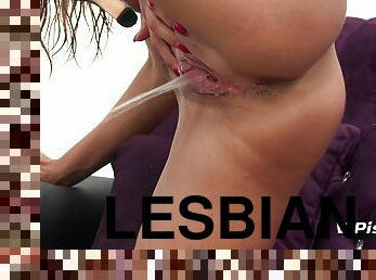Lesbian girls eat pussy and end up soaked with each other's piss