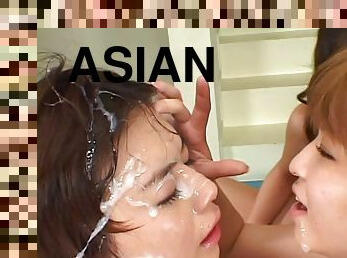 Three sexy Asian babes get their faces splattered with jizz