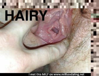 Hairy meat pussy fucked hard and drips from dildo's POV