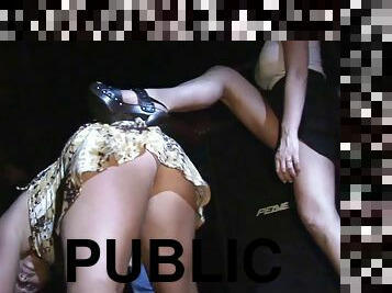 Wild party girls dance on a stripper pole and get naked in public