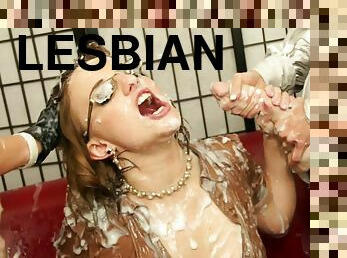 Three lesbians get covered with artificial cum in a messy clip