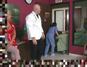 nurse in uniform gives doctor wicked blowjob on duty