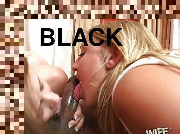 Two amazing white senoritas sucking the black cock with passion