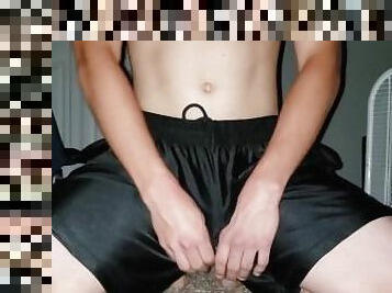 Shirtless twink cums in adidas dazzle shorts