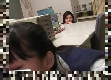 Eager Japanese secretary blows the boss in the office