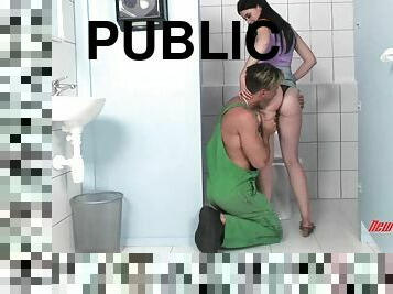 Plumber fucks a pretty girl in the public bathroom