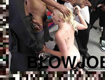 Daring blonde enjoys getting slammed in hardcore interracial gang bang