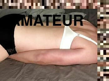Kinky crossdresser masturbates in white bra and panties