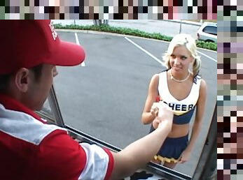 Pig tailed blonde girl in uniform and miniskirt gets thrashed outdoor