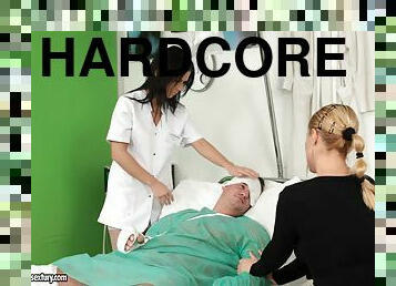 Denise Sky in nurse uniform fucks patient in ffm threesome