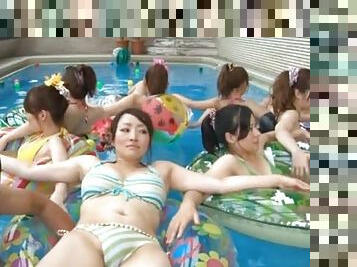 Six hot Japanese girls in bikinis get fingered by one lucky guy