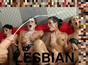 Lesbian cougar with a stunning ass enjoying a messy gangbang