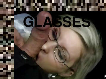 Blonde looking sexy in her glasses showcases exemplary oral skills on a stiff cock in pov