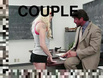 Ravishing blonde girl bonked by the muscular guy in the classroom