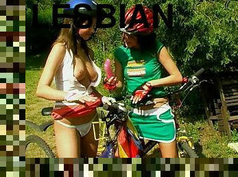 Hot girls out for a bike ride stop to have a lesbian picnic