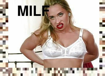 Blonde Milf Olga Cabaeva strips retro lingerie vintage nylons masturbates