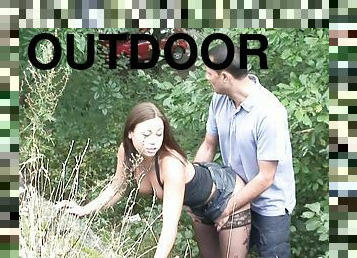 Brunette teen with small tits fucks with stud outdoors and in public restroom