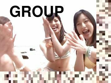 POV beach group fuck with a trio of Japanese bikini babes