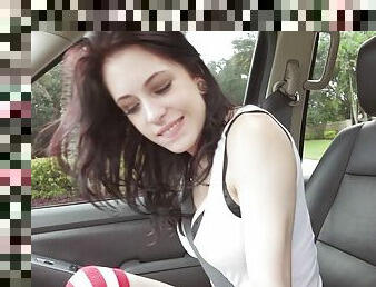 Tattooed hitchhiking teen babe gets fucked in a stranger's car