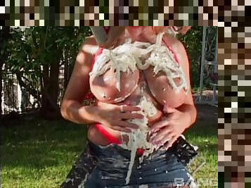 Big milf tits covered in whipped cream for outdoor fuck fun