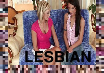 Good looking lesbian dame screams in excitement while her girlfriend toys her cooter