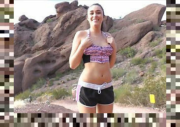 Fit girl jogs topless then fucks her glass toy on the trail