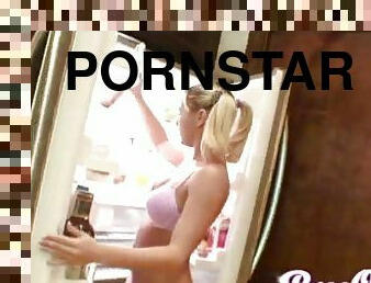 Pornstar eats yummy snacks from the fridge in pigtails