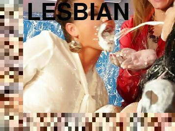 Passionate lesbians showcases their weird romance encompassing messy fluid shower